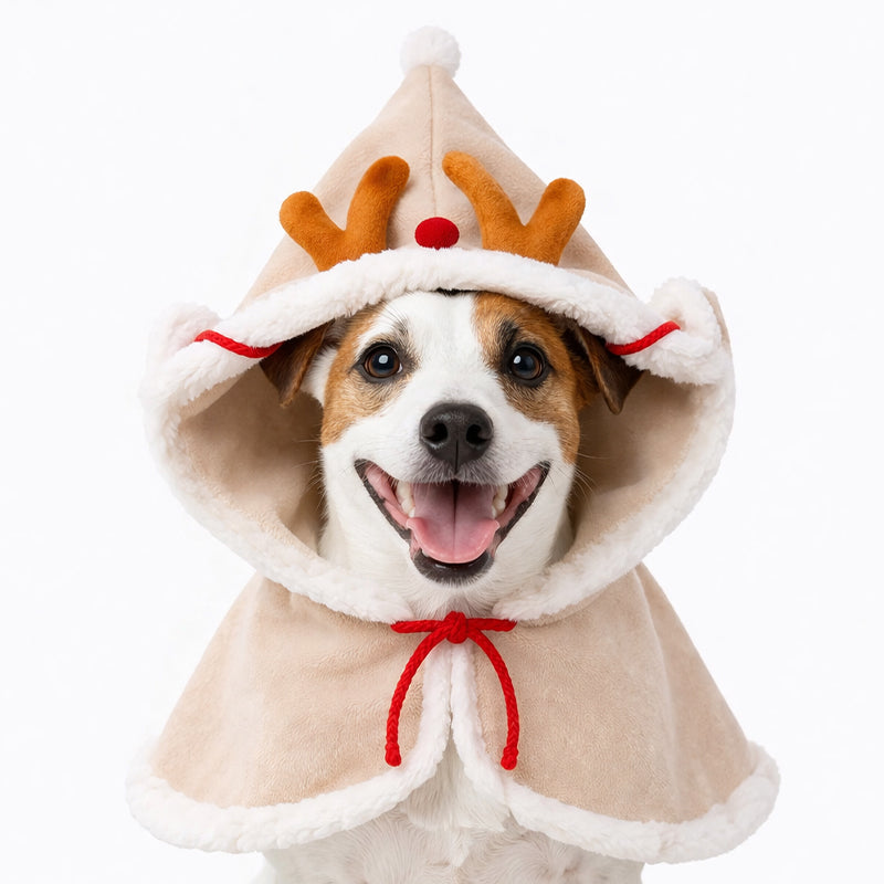 Cute Christmas Reindeer Pet Cape – Soft Hooded Costume for Dogs & Cats